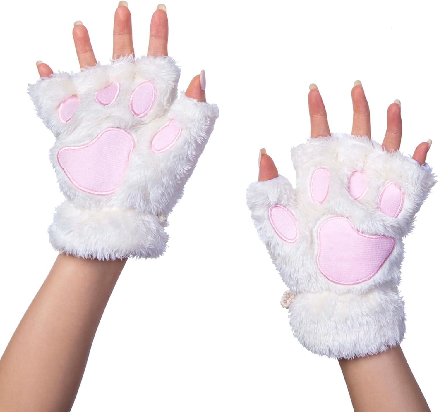 Women's Faux Fur Paw Fingerless Plush Mittens - Image 2
